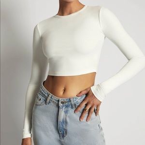 MESHKI Caroline Long Sleeve Rib-Crop White XL (Fits M/L)
